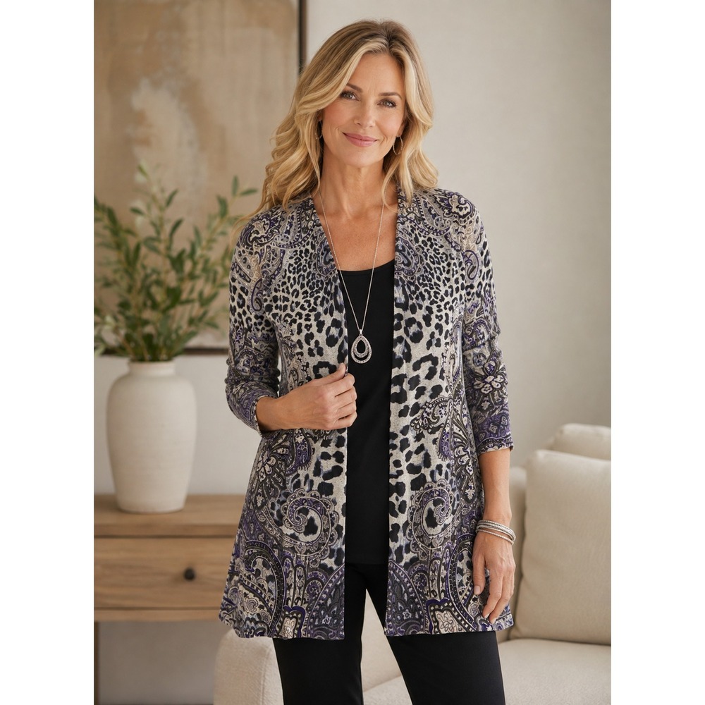 NWT Chico's Women's Leopard Paisley Ashton Linen Cardigan Sweater Size 4